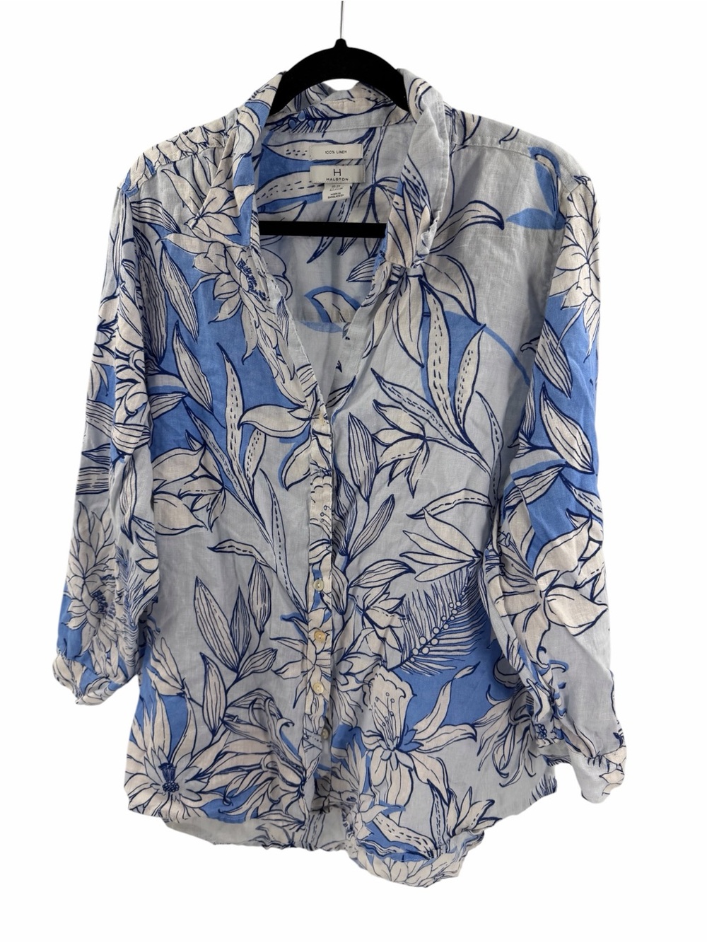 H by Halston Blue‎ Floral Button-Front Women's Blouse 100% Linen Size 2X Boho